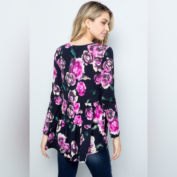 Honeyme Tops - BLACK & PURPLE FLORAL TIERED BABYDOLL TOP LARGE